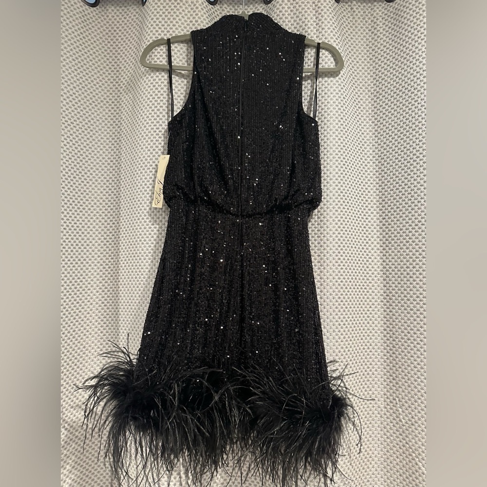 Eliza J Mock Neck Feather Hem Blouson Waist Sequin Sleeveless dress black 8P NWT - Picture 5 of 13